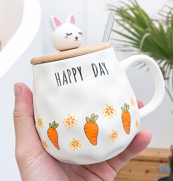 马克杯-卡通萝卜兔带盖带勺陶瓷马克杯少女水杯可爱学生礼物杯子