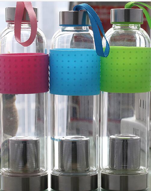 杯子-车载玻璃瓶便携式运动水杯 带提绳过滤泡茶玻璃水杯批发可定制